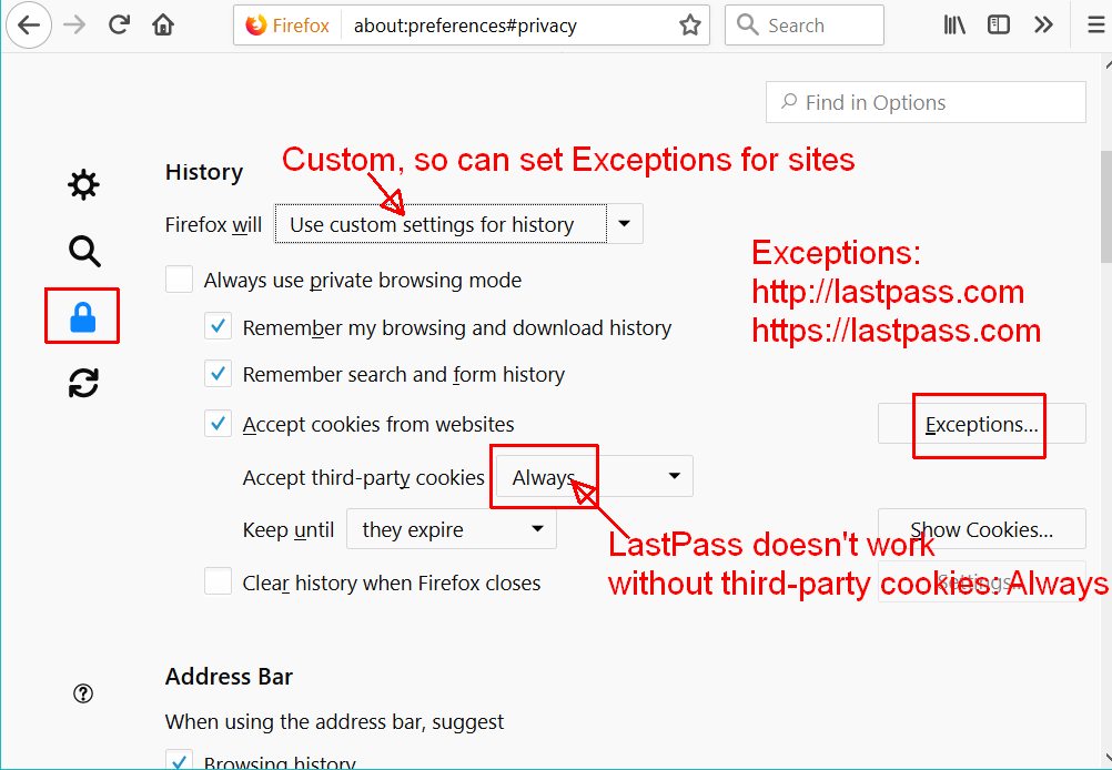 LastPass security settings in Firefox, cookies