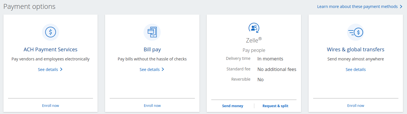 Zelle payment options offered through Chase Bank include Zelle, "pay people in moments, no additional fees"